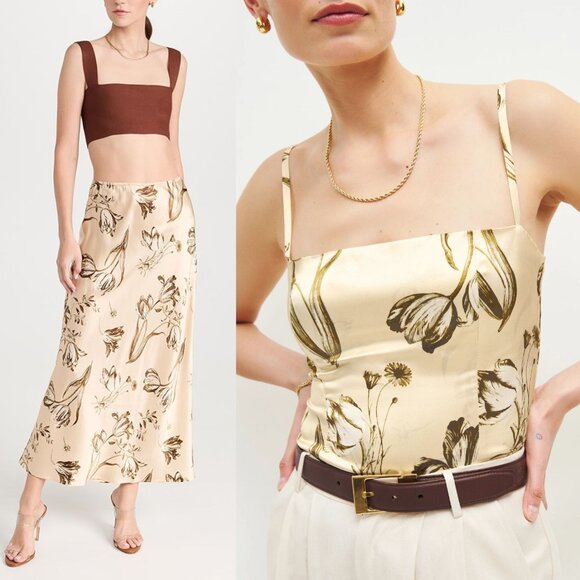 Reformation Overland Top & Layla Skirt Umber Floral Cream Silk 2pc Set Size 0/2 - Picture 2 of 15